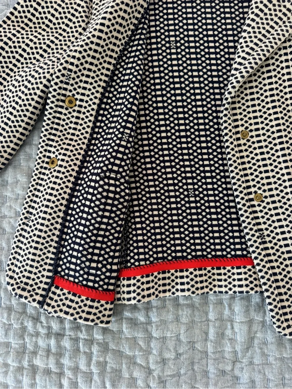 Tory Burch Navy and Cream Geometric Knit Jacket with Logo Tag